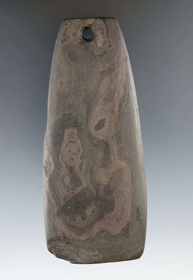 4 1/4" Trapezoidal Pendant with unique grooves, found in Medina Co., Ohio. Ex. Marvin Gilley.