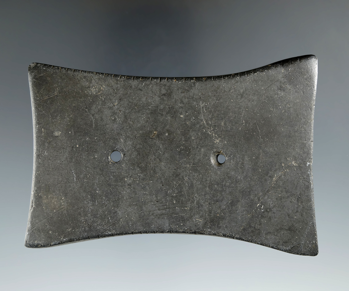 3 13/16" Adena Tallied Quadriconcave Gorget, one ancient corner ding has been restored. Ohio.