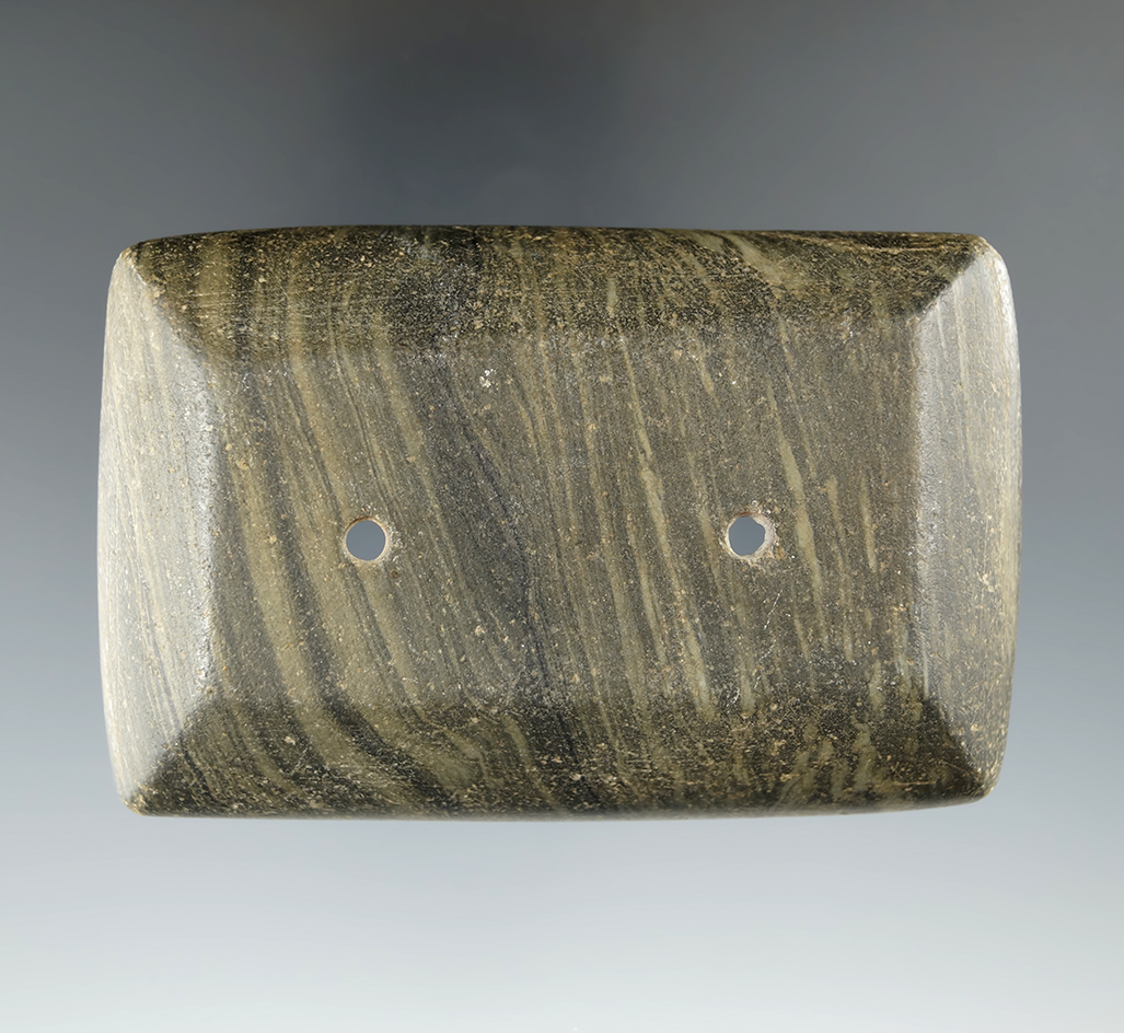 3 1/2" Adena Semi-Keeled Gorget made from Banded Slate, Hamilton Co., Ohio. Bennett COA.