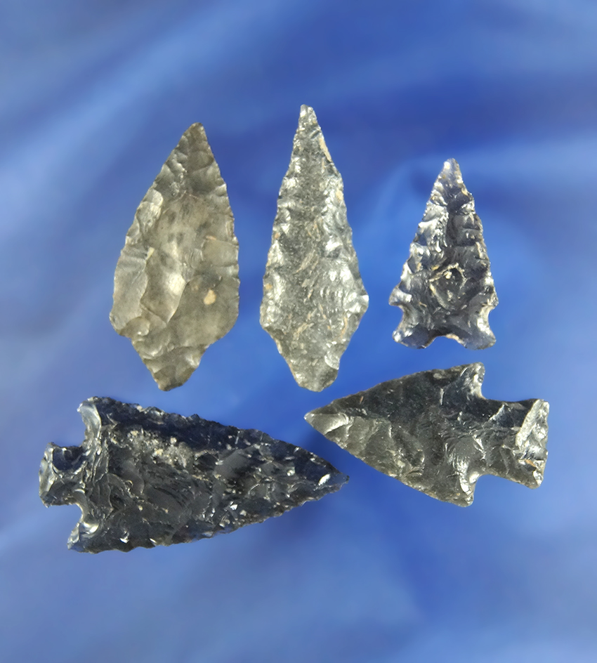 Set of five Obsidian Arrowheads found in Oregon, largest is 1 11/16".
