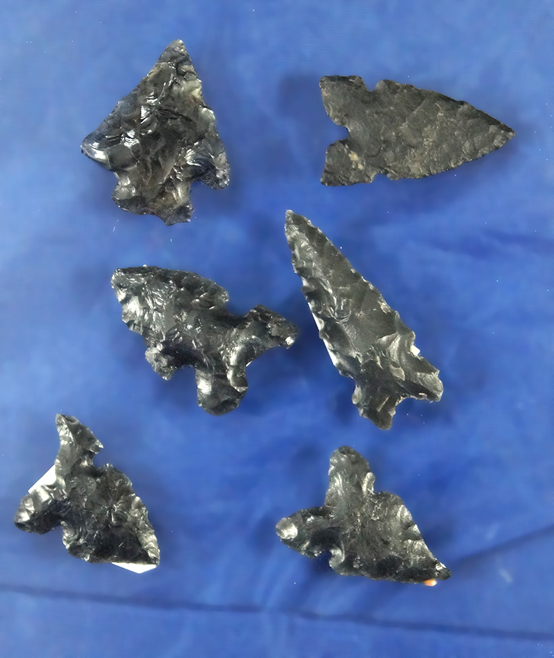 Set of six Obsidian Arrowheads found in Oregon and Northern California, largest is 1 1/8".