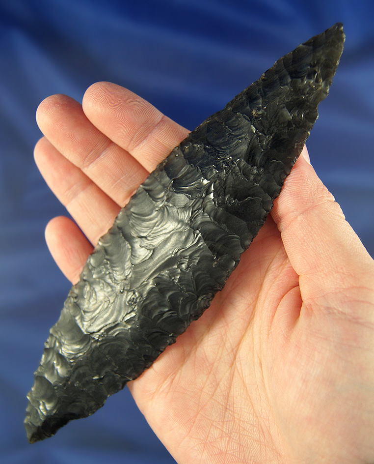 big!6 1/2" archaic Bi-pointed Knife - semi translucent Obsidian - Columbia River, Oregon.  COA.
