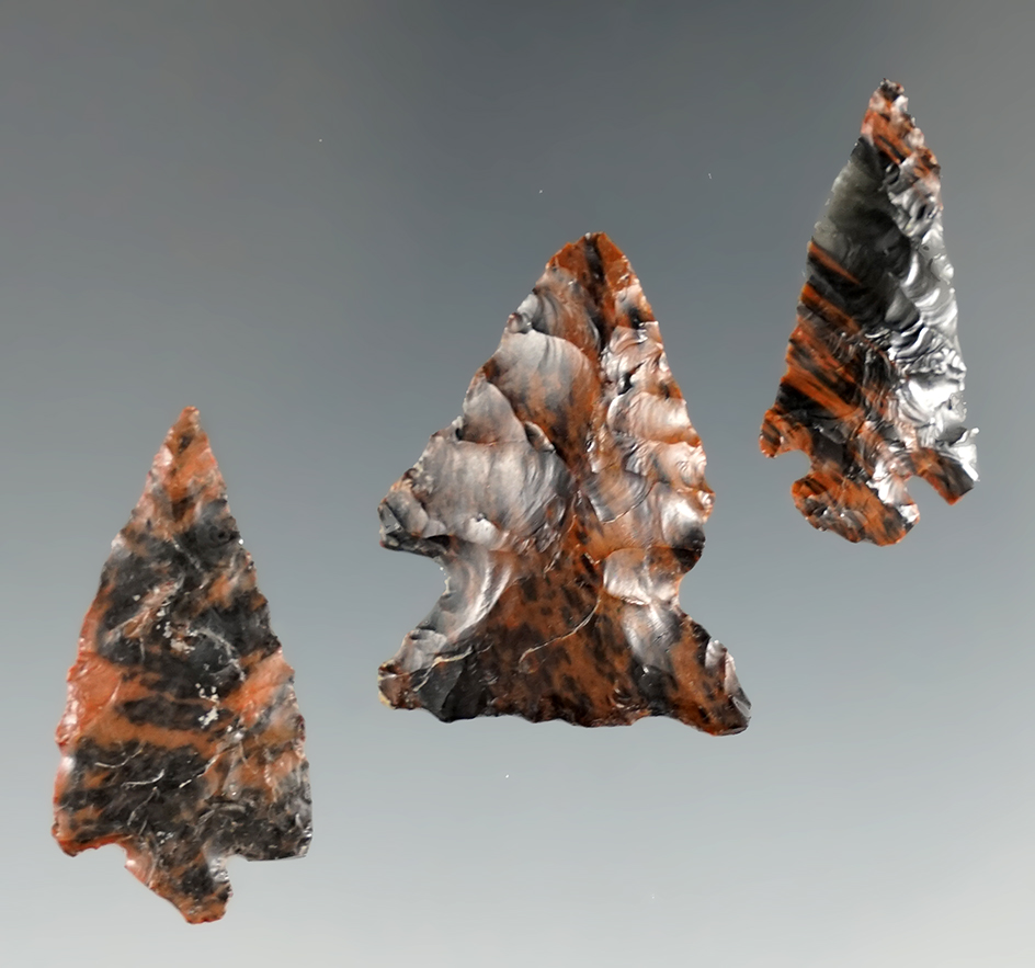 3 mahogany obsidian arrowheads found by Hank Cassidy in Lake Co., Oregon. Bennett C.O.O.