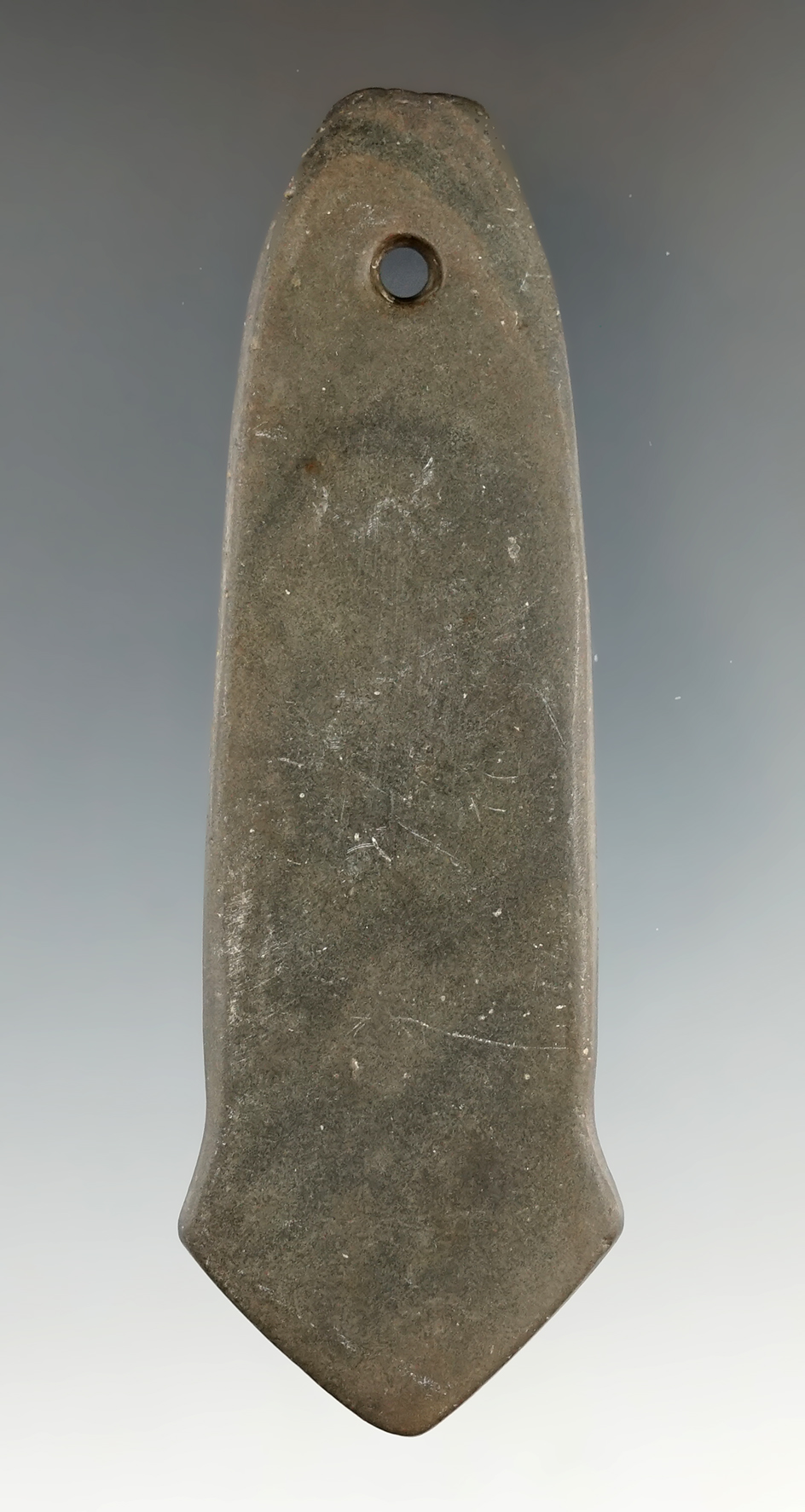 4 3/8" Adena Anchor Pendant made from Banded Slate, found in Medina Co., Ohio.