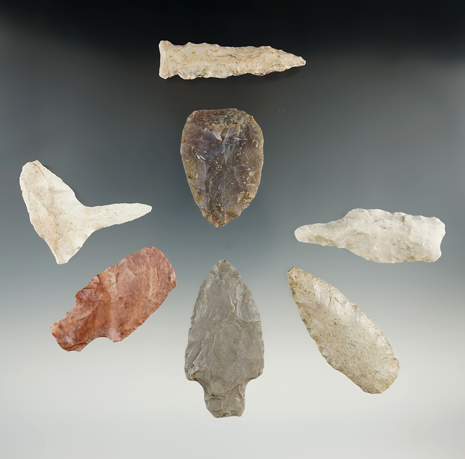 Group of seven assorted Midwestern flaked artifacts, largest is 2 1/2".