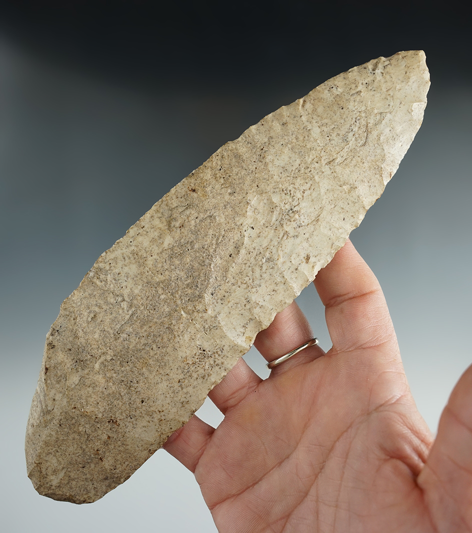 7 5/8" Millcreek Chert Archaic Blade, large and thin. Broken and glued tight.  St. Clair Co., Illino