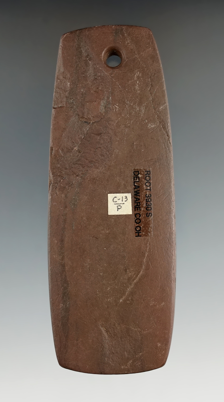 4 7/8" Adena Rectangular Pendant made from red and black Banded Slate, Delaware Co., Ohio.