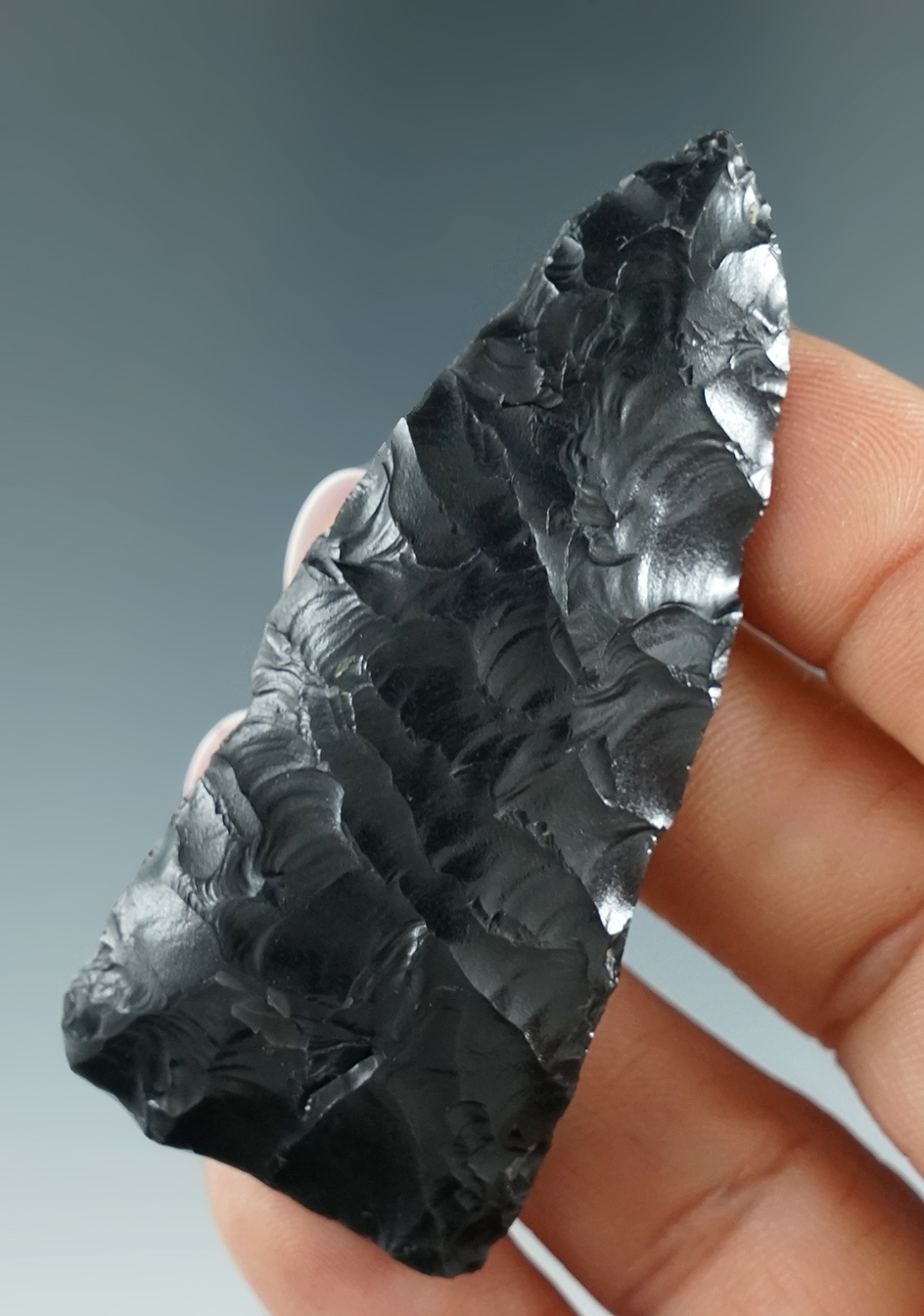 2 9/16" obsidian Cody Complex Scottsbluff Knife with a unique expanding base - Harney Co., OR.