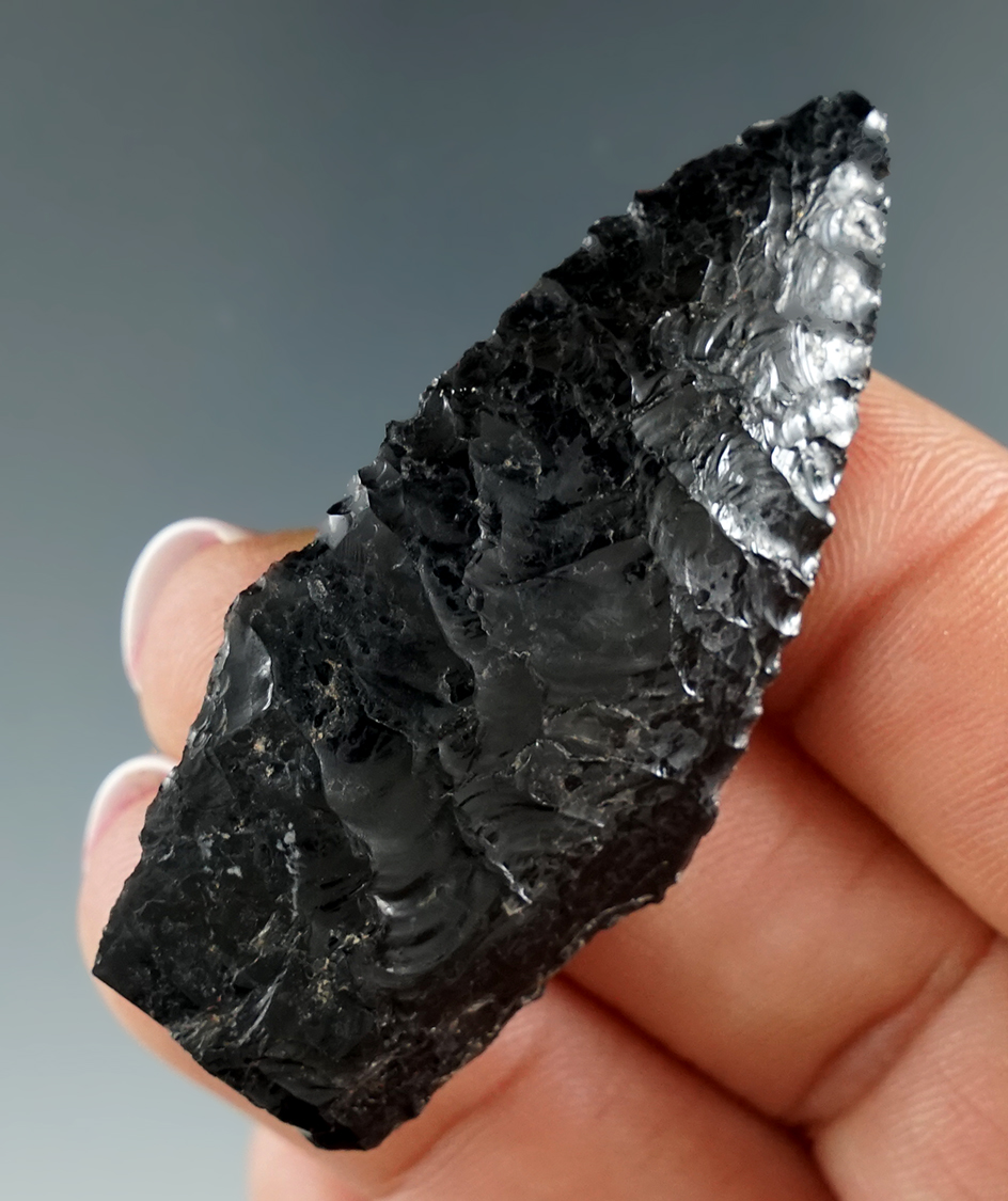 2 1/8" Scottsbluff made from obsidian found in Lake Co., Oregon. Ex. Milton Tuck, Jim Hogue.