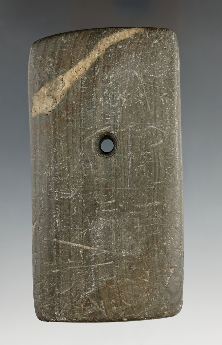 4 3/8" Adena Rectangular Pendant green and black Banded Slate with "worm tracks", found in Ohio.