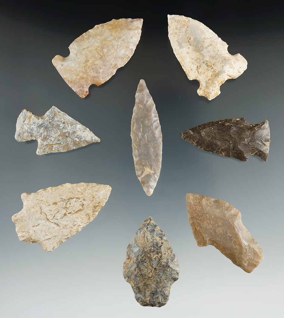 Group of Eight assorted points found in Lincoln Co., Kentucky, largest is 2 1/8".