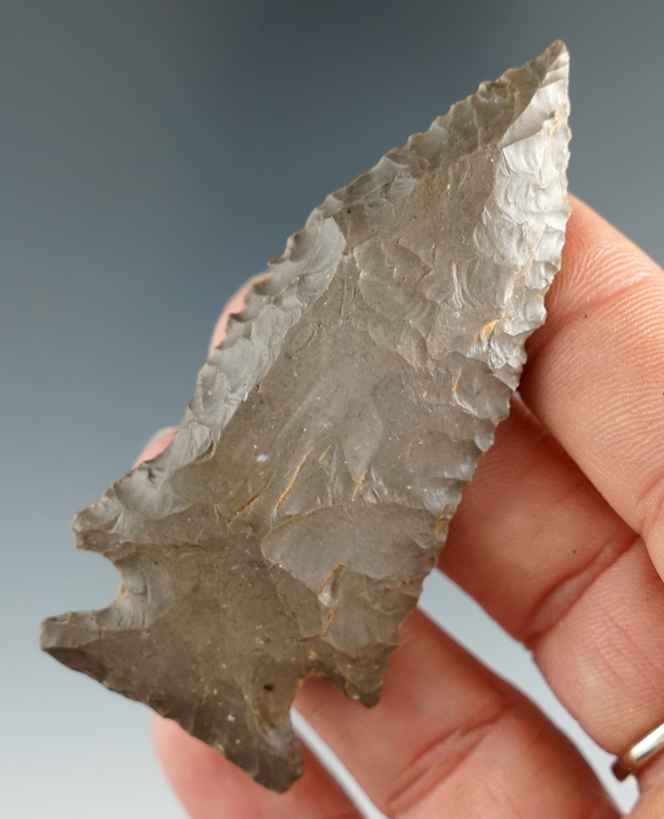 2 3/4" Hornstone serrated Kirk Cornernotch point with great patina. Found in Eastern Indiana.