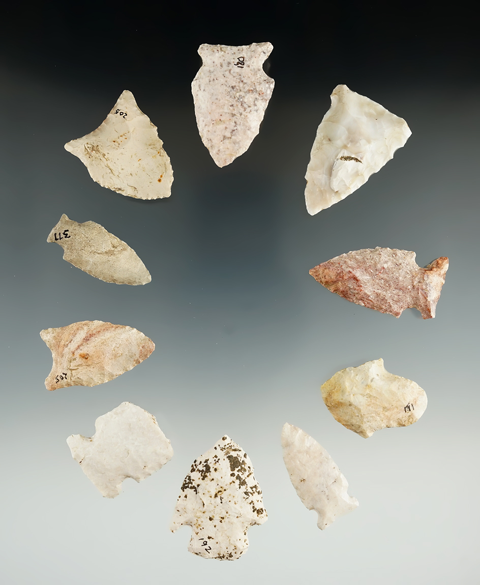 Group of 10 assorted Missouri and Illinois arrowheads, largest is 1 13/16".