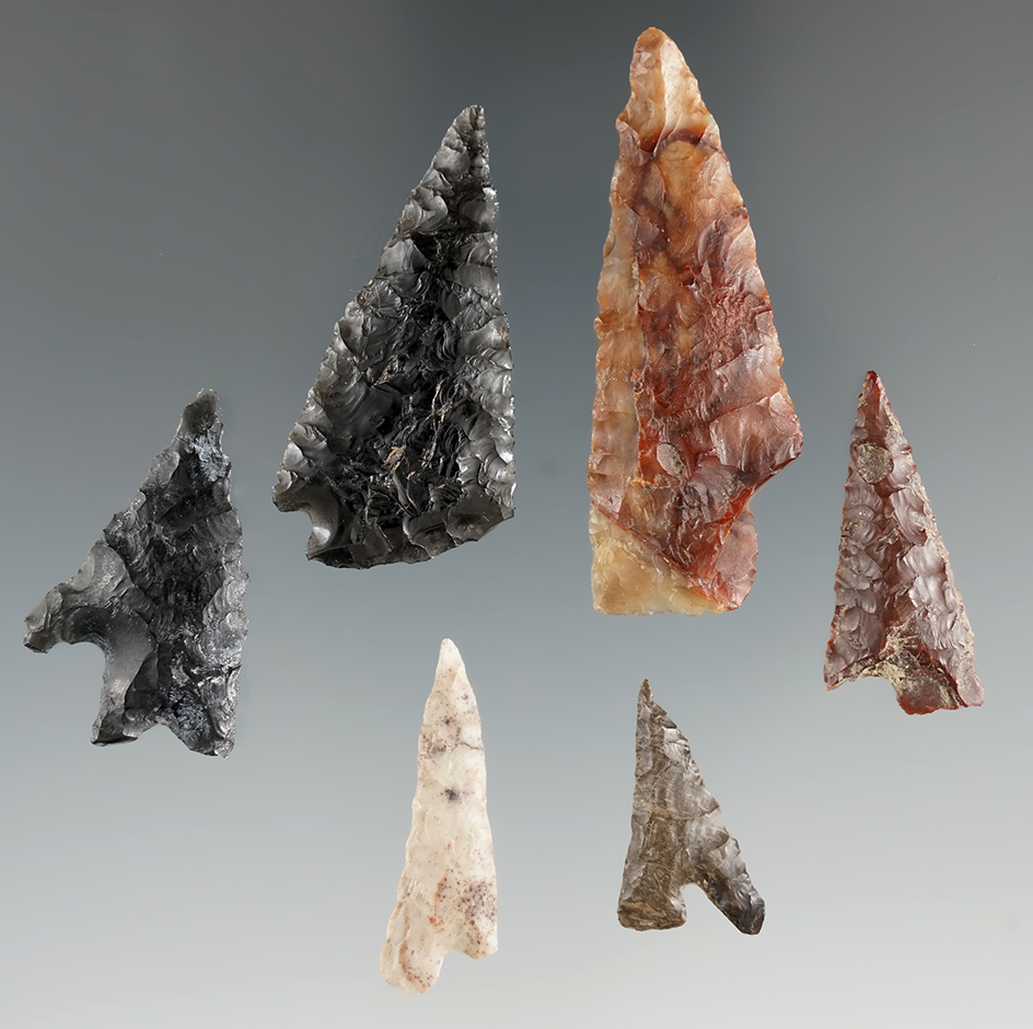Set of six Fountain Bar points found near the Columbia River, Washington. Largest is 2".