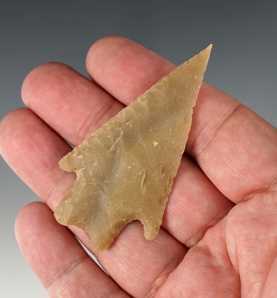 2 3/4" Pedernales made from translucent tan flint. Found in Bandera Co., Texas. Bill Arnold COA.