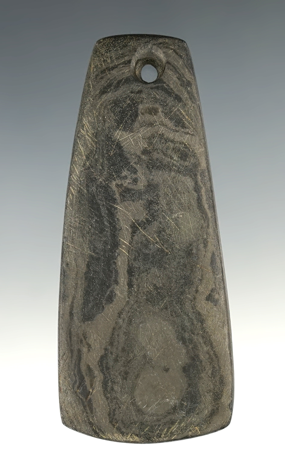 3 3/8" Hopewell Trapezoidal Pendant made from green and black Mottled Slate. Licking Co., OH.