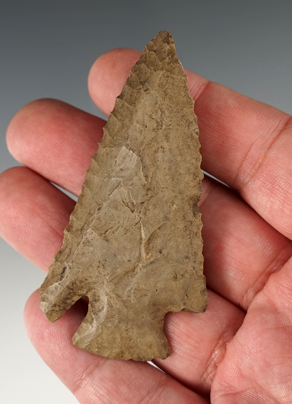 3 1/16" Archaic Bevel that is nicely patinated found in Illinois.