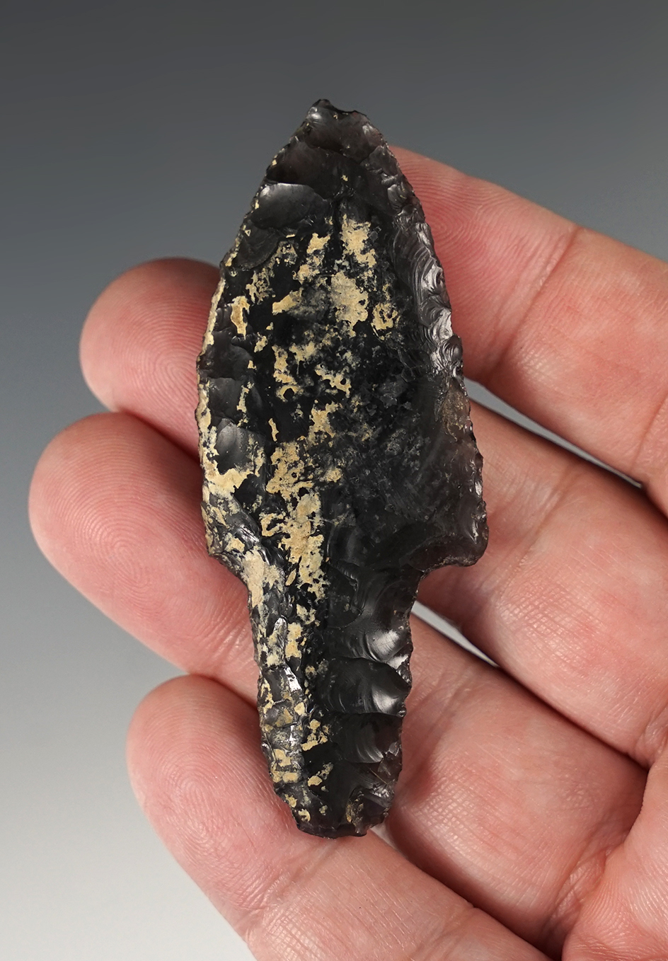 2 3/4" Parman Point made from Obsidian, highly patinated. Found in Harney Co., Oregon.
