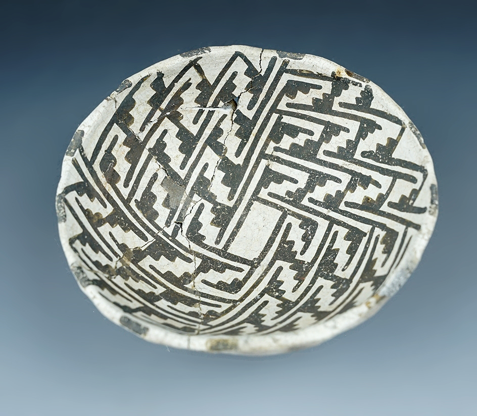 4 1/2" wide Anasazi pottery bowl found in New Mexico. Five reguled pieces.