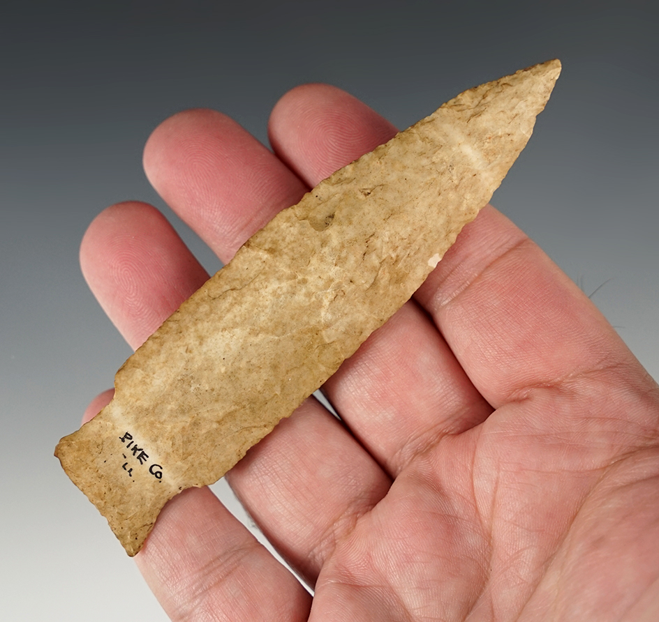 4 3/8" Rice Side Notch found in Pike Co.,  Illinois. this artifact - once wired to a board long ago.