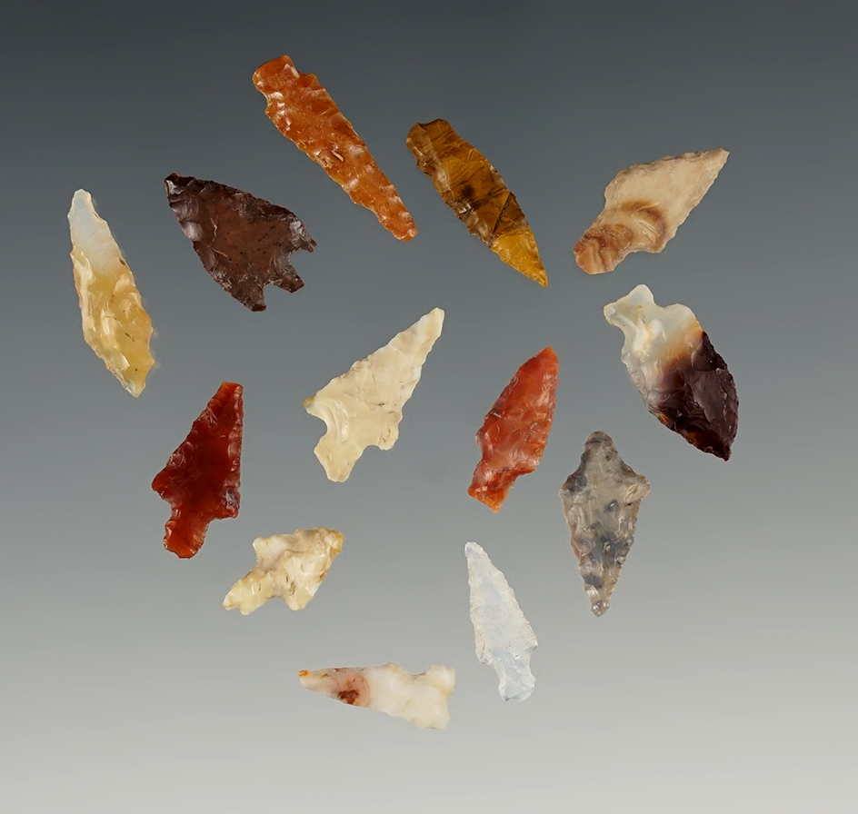 Group of 13 Assorted Columbia River Gempoints, largest is 13/16".
