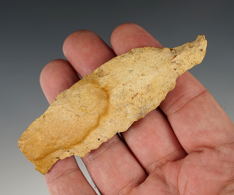 Very interesting 3 13/16" Etley Knife with a unique tip area. Calhoun Co., Illinois. Ex. G. Perino.