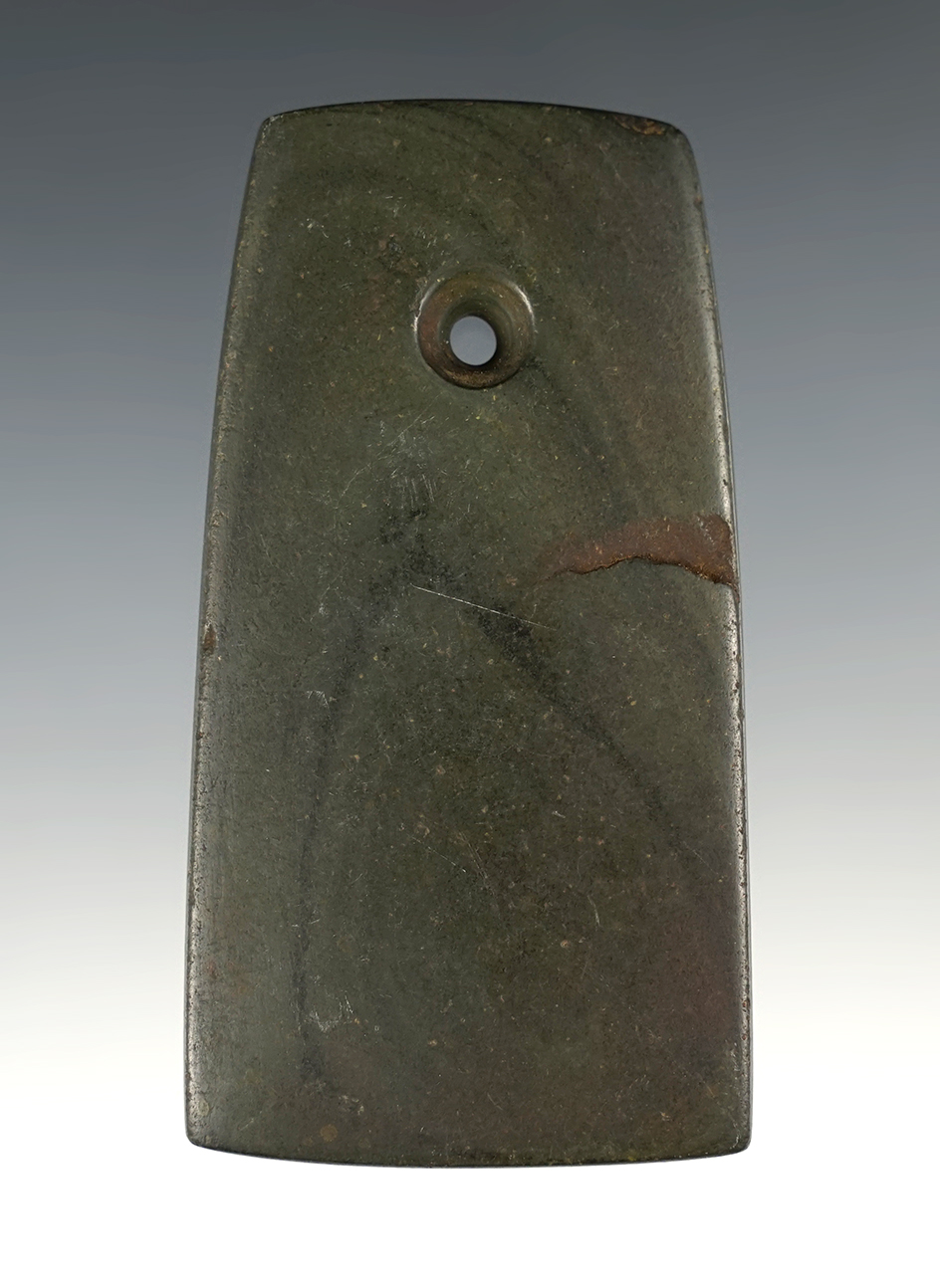 3 9/16" Adena Trapezoidal Pendant made from green and black Banded Slate. Warren Co., OH.