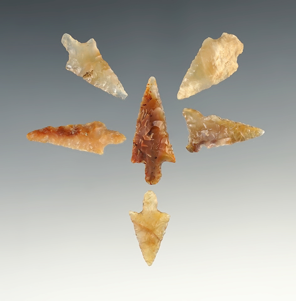 Set of 6 Assorted Agate Arrowheads found near the Columbia River, largest is 1 1/4".