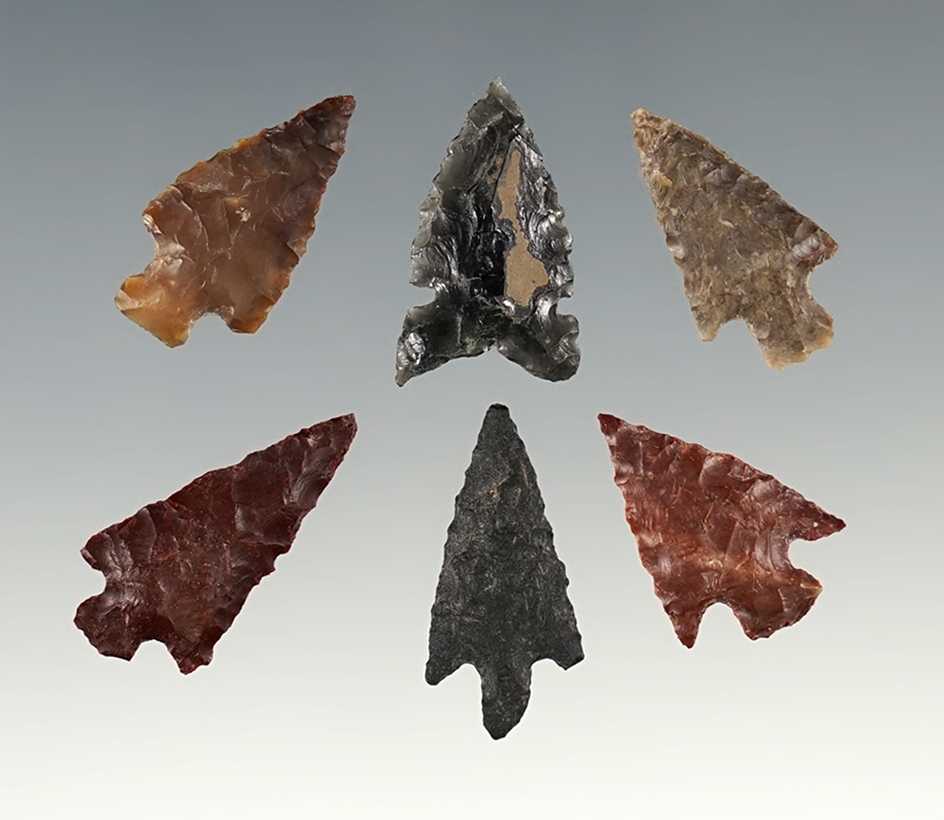 Set of 6 Assorted Arrowheads found near the Columbia River, largest is 1".