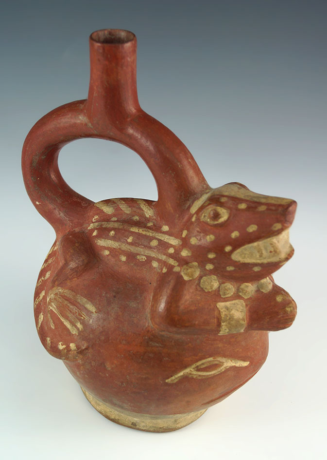 8 1/2" tall Moche anthrozoomorphic stirrup bottle found in Peru. Ex. Roy Pohler collection.