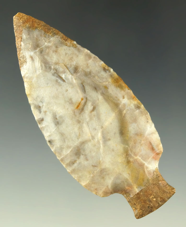 3 1/8" Tablerock found in Missouri with restoration to the tip and base. Ex. Shewey collection.