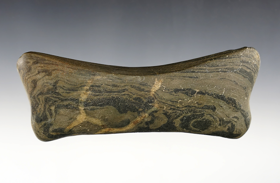 6 3/16" Undrilled Bannerstone that is about 50% restored. Found in Ohio.