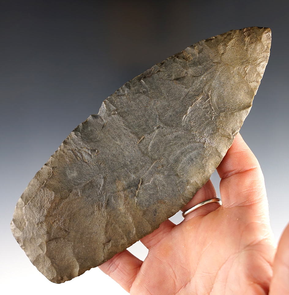 Clermont County Cache! Fine 6 3/16" Cache Blade made from patinated tan and gray chert.