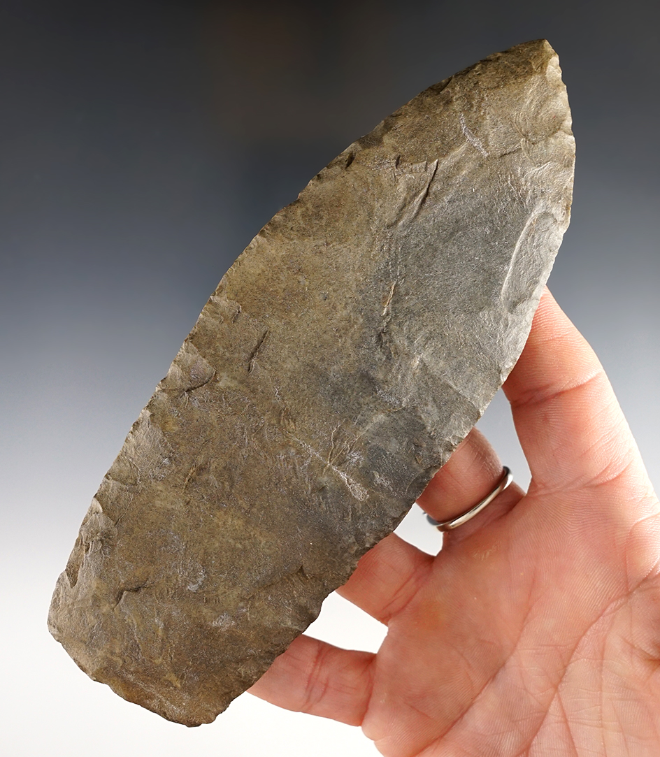 Clermont County Cache! Well made 6" Cache Blade made from patinated tan and gray chert.