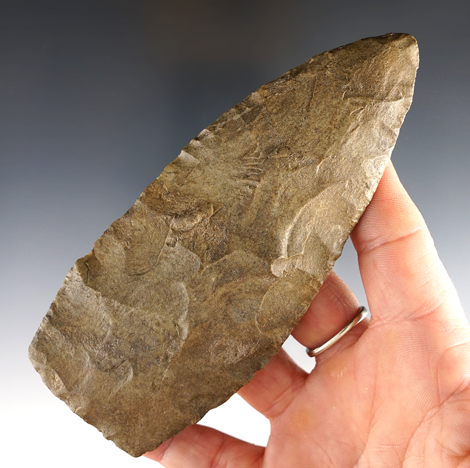 Clermont County Cache! 5 1/16" Cache Blade made from patinated tan and gray chert.