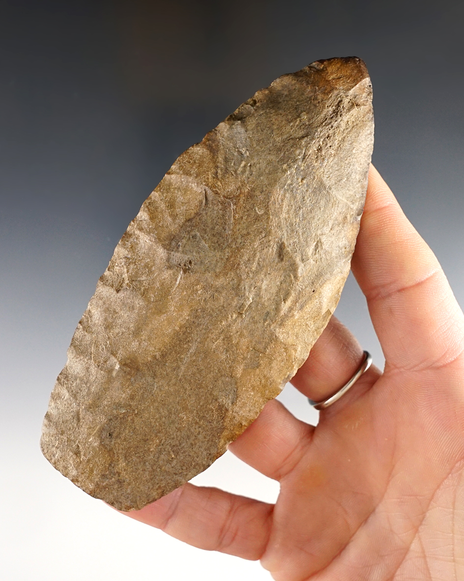 Clermont County Cache! 4 3/4" Cache Blade made from patinated tan and gray chert.