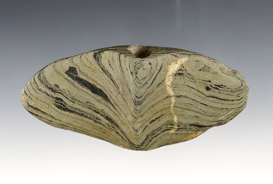 Nicely made 4 5/16" wide Wing Bannerstone found in Hancock Co., Ohio. Ex. Diller, P. Rankin.
