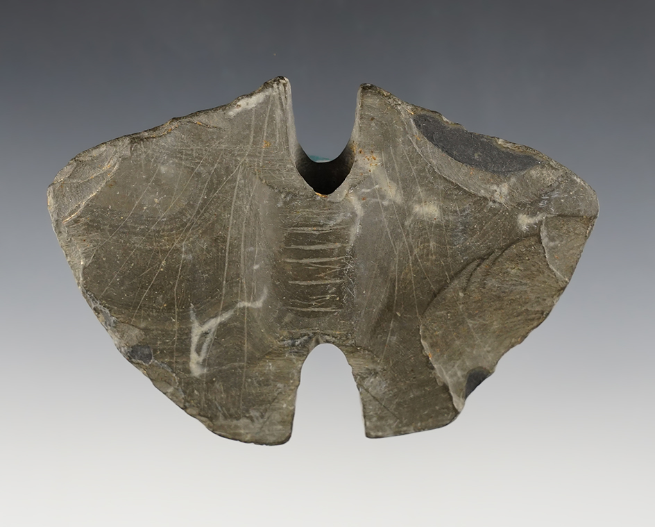 Well patinated 4" wide Wing Bannerstone found in Ohio.