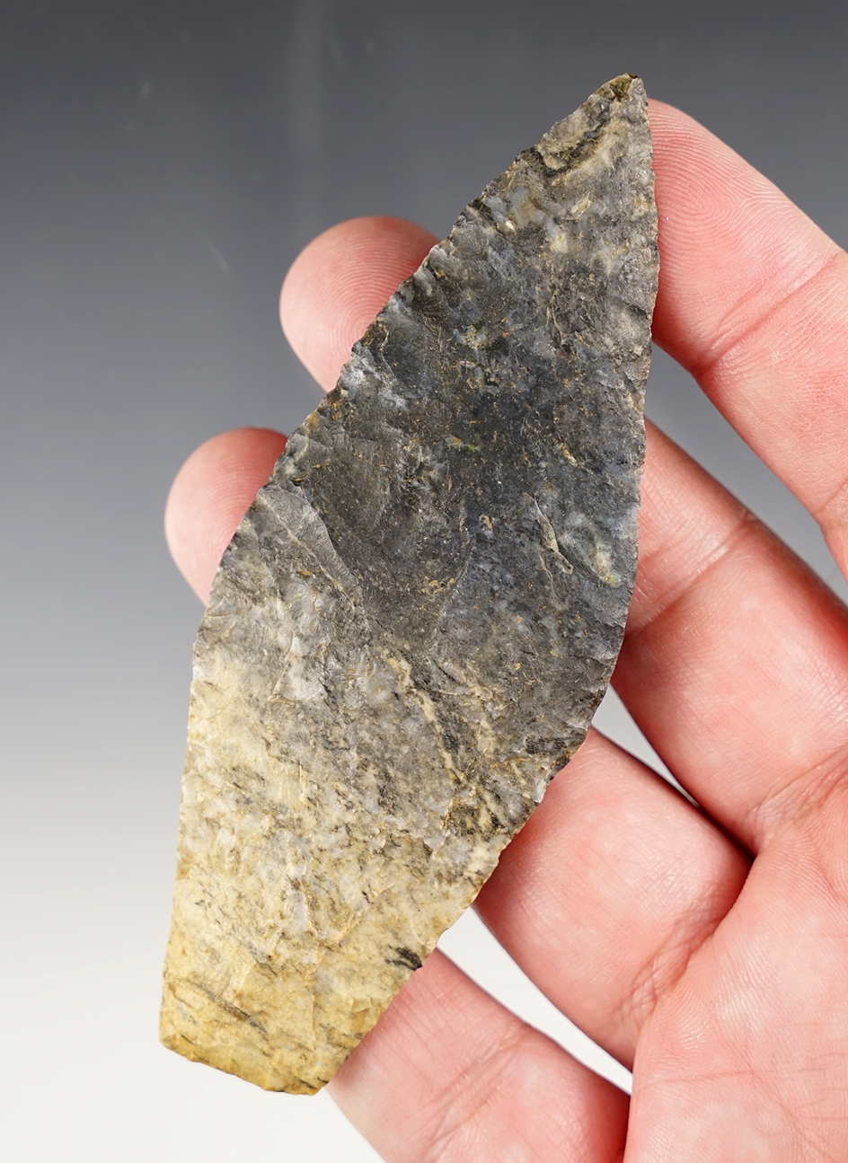 4 1/4" Paleo Lance made of two-tone Coshocton Flint. Found in Huron Co., Ohio. Bennett COA.
