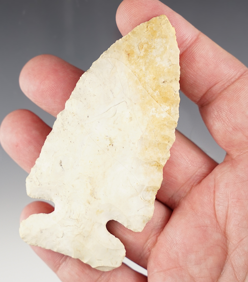 3 5/8" Thebes made of highly patinated Flint Ridge Flint. Found in Delaware Co., Ohio. Ex. Hooks. 