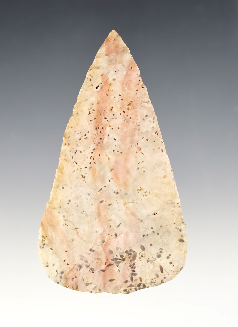 Thin Hopewell Cache Blade made from colorful Flint Ridge Flint. Found in Sandusky Co., Ohio. 