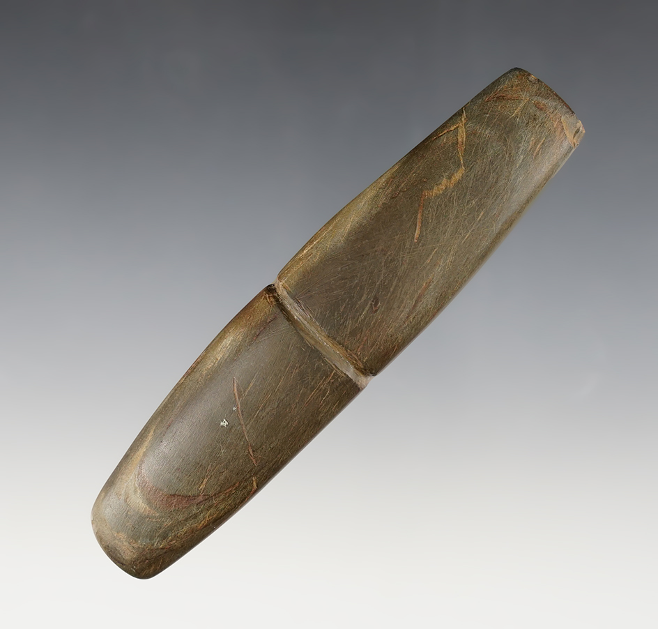 4 9/16" center grooved Bar Weight made from patinated Banded Slate. Found in Scioto Co., Ohio. 