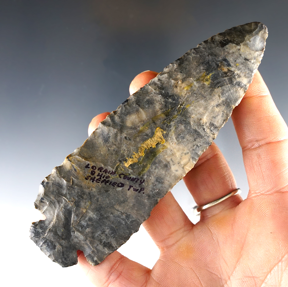 Fine 4 3/4" Dovetail made from Coshocton Flint. Found in Sheffield Twp., Lorain Co., Ohio. 