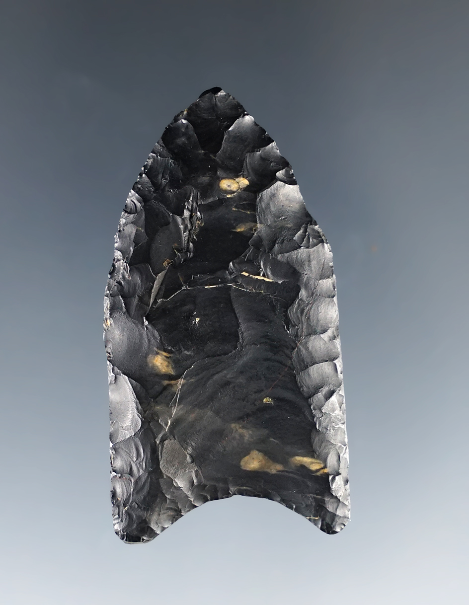 1 3/4" Fluted Point made of black Zaleski Flint. Hardin Co., Ohio. Ex. Driskill, Hooks. Pictured! 