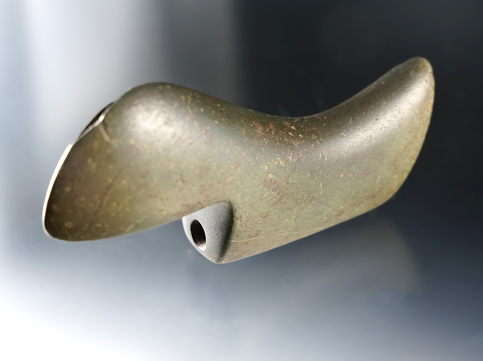 Well patinated 4" by 1 3/4" Birdstone made from green Slate. Found in Holmes Co., Ohio. COA's. 