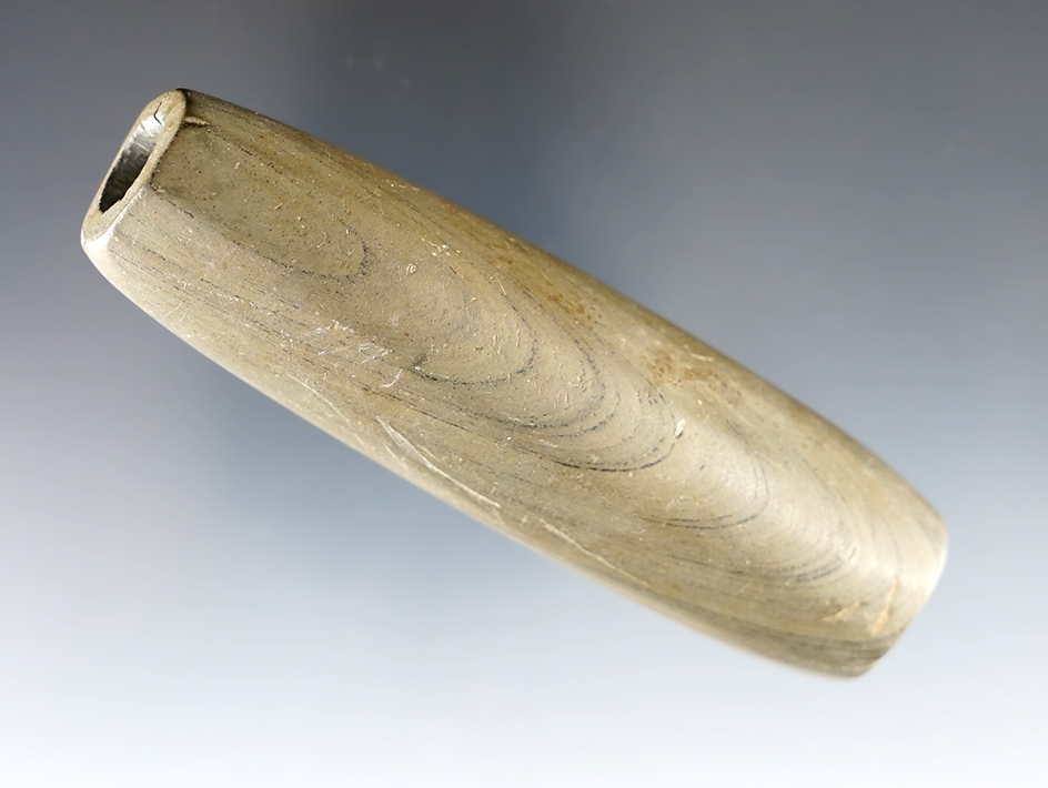 Well styled 3 5/8" Fluted Tube Bannerstone found in Licking Co., Ohio. Ex. Wehrle, Dean Driskill. 