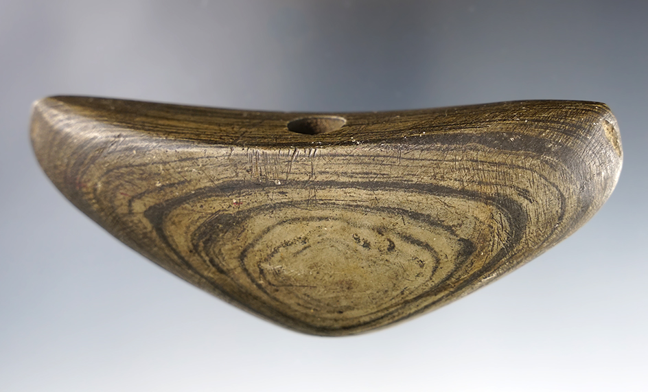 Heavily patinated and well made 4 11/16" wide Pick Bannerstone found in Wayne Co., Ohio.