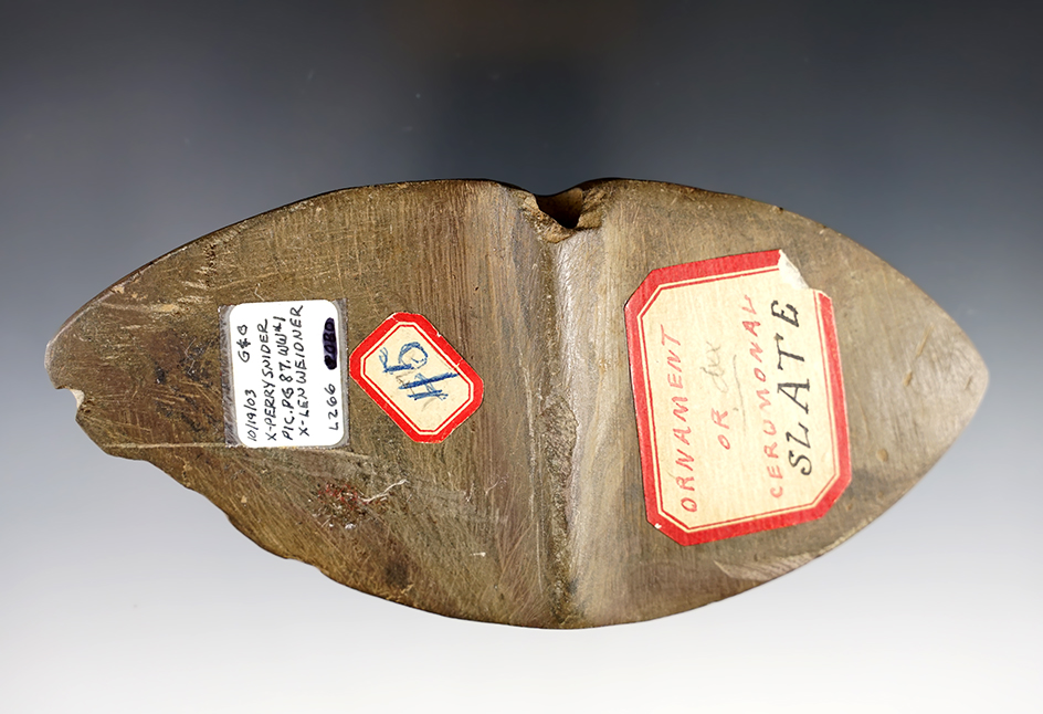 6" wide x 2 3/4" tall Banded Slate Wing Bannerstone found in Ohio. Pictured in "Who's Who" #1.