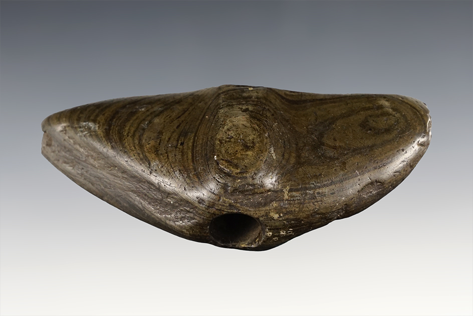 4" wide Bannerstone found by Bill Likens in Madison Co., Ohio. Made from Banded Slate.