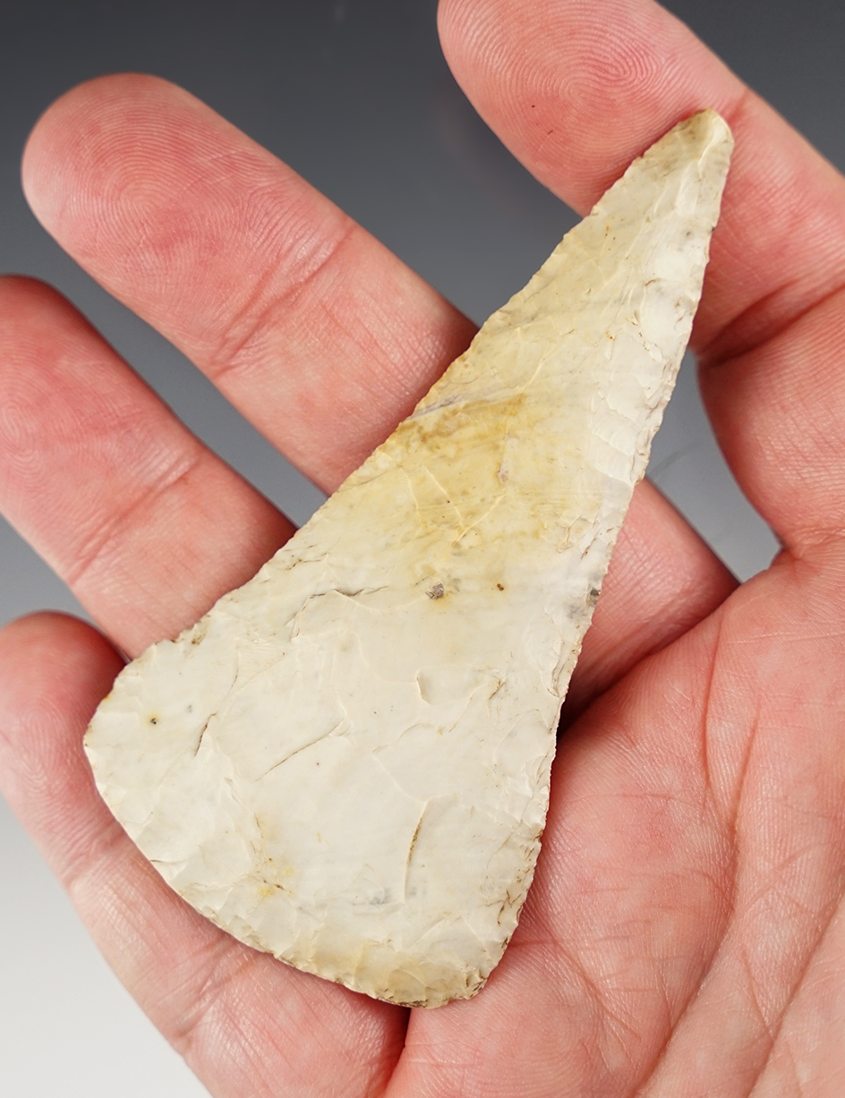 3 7/16" Cobbs Blade with nice mineral deposits on surface made from Flint Ridge Flint - Ohio.